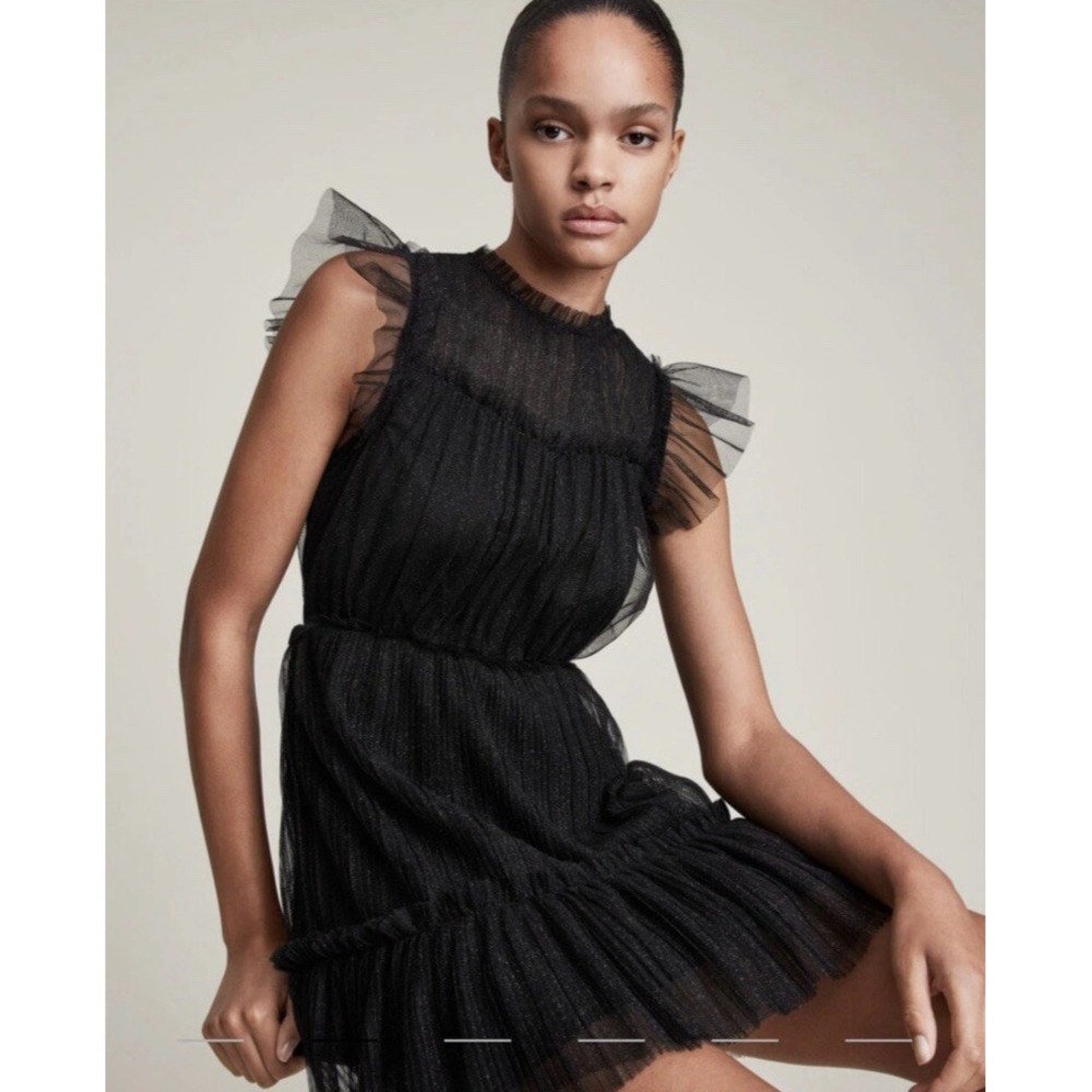 All Saints Perri Metallic Black‎ Tulle Mini Dress Sleeveless Women's size 10